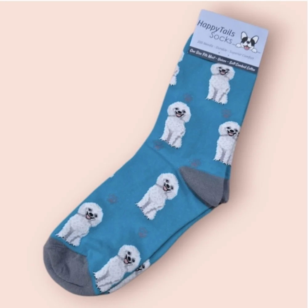 ❤️ 2/$12 NWT Happy Tails Teal Poodle Dog Crew Unisex Novelty Dog Socks Blue